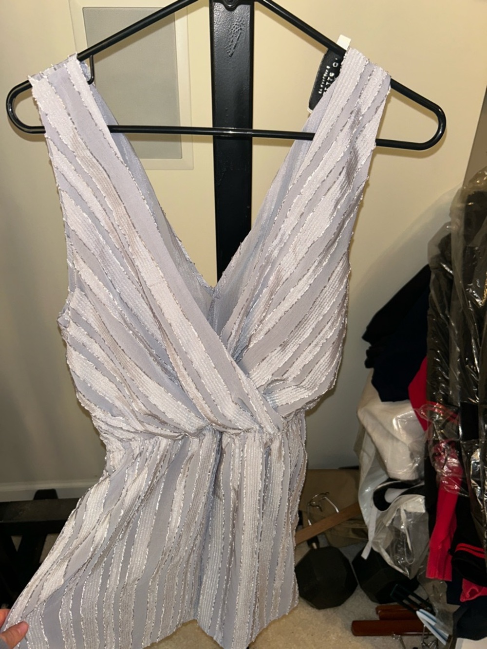 Charlies Light Lavender Striped Sleeveless Romper, had a low v-neck and strings